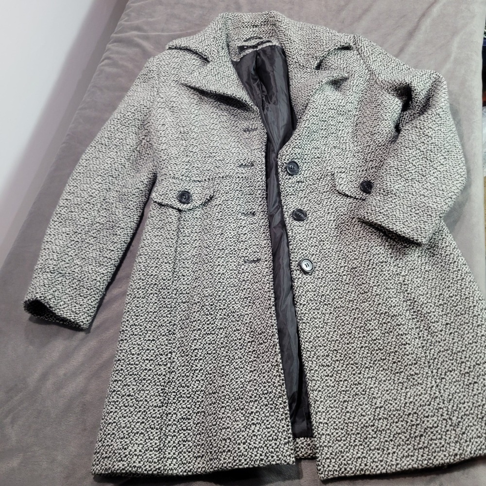 Giacca Gallery Womens Large Black White Wool Blend Tweed Peacoat Martingale Belt